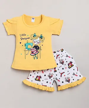 Nottie Planet Short Sleeves Doll Print Top With Shorts - Yellow