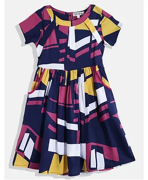 Bella Moda Short Sleeves Abstract Print Dress - Multi Colour