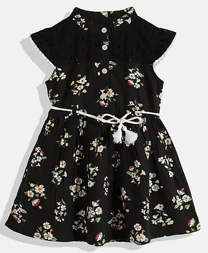 Bella Moda Cap Sleeves Floral Printed Dress - Black