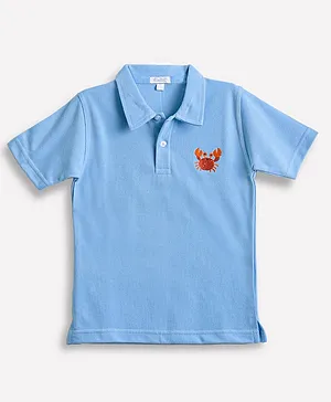 Calin Kidswear Half Sleeves Crab Embroidered T Shirt - Blue