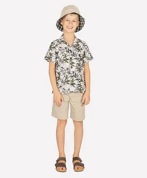Calin Kidswear Half Sleeves Tropical Leaf Print Shirt - Off White