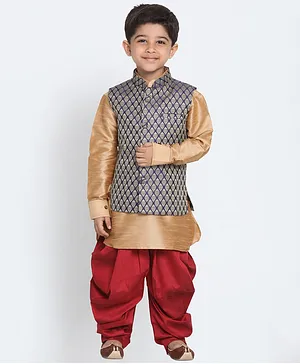 Vastramay Full Sleeves Solid Kurta & Dhoti With All Over Motif Printed Jacket - Gold Maroon & Blue