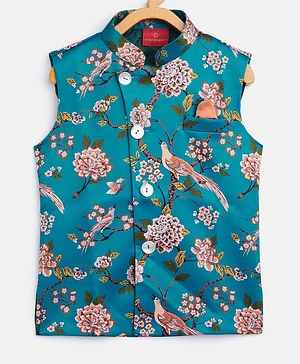Vastramay Sleeveless Floral & Bird Print Nehru Jacket - Turquoise