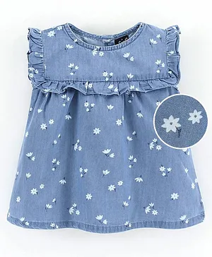 Simply Sleeveless Floral Denim Frock - Blue
