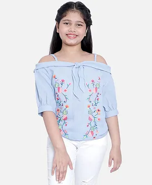 Natilene Three Fourth Sleeves Embroidered Top - Blue