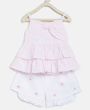 Nauti Nati Sleeveless Stripe Print Top With Flower Embellished Shorts - Baby Pink