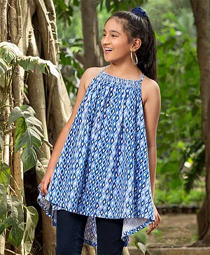 Earthy Touch Cotton Knit Sleeveless Tunic Printed - Blue