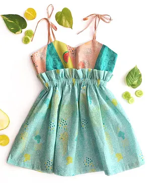 Miko Lolo Sleeveless Sweet Heart Neckline Broccoli Printed Patchwork Spaghetti Dress - Blue