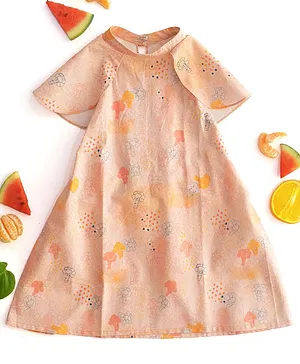 Miko Lolo Half Sleeves Broccoli Printed Halter Dress - Pink
