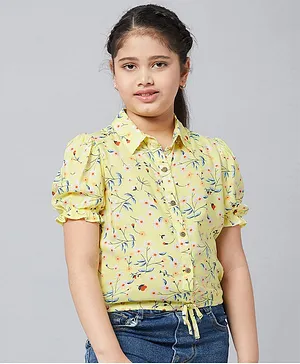 Stylo Bug Puffed Half Sleeves Floral Printed Collared Top - Yellow