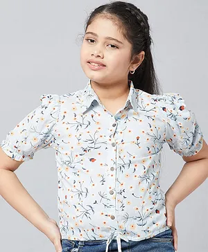 Stylo Bug Puffed Half Sleeves Floral Printed Collared Top - Blue