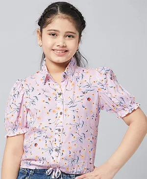 Stylo Bug Puffed Half Sleeves Floral Printed Collared Top - Pink