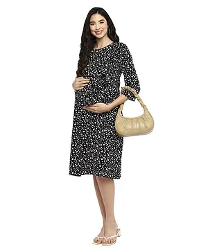 Momsoon Three Fourth Sleeves Polka Dot Print Maternity Dress - Black White