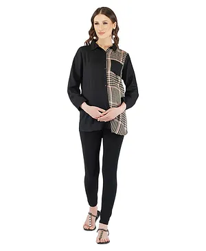 Momsoon Three Fourth Sleeves Checks And Solid Mix And Match Print Maternity Shirt - Black