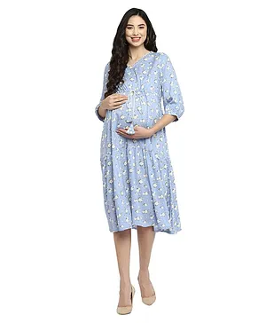 Momsoon Three Fourth Sleeves Floral Print Maternity Front Drawstring Dress - Blue