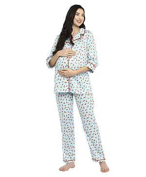 Momsoon Three Fourth Sleeves Watermelon Printed Coordinated Shirt & Pajama Maternity Night Suit - Blue & Red