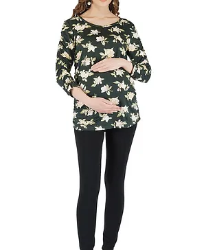 Momsoon Full Sleeves Floral Printed Ruching Detail Maternity Top - Black & Off White