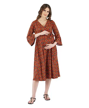 Momsoon Three Fourth Sleeves Floral Motif Printed Maternity Wrap Dress - Multi Color