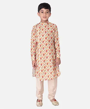 Tabard Full Sleeves Abstract Ikat Style Printed Kurta & Solid Pajama Set - Orange