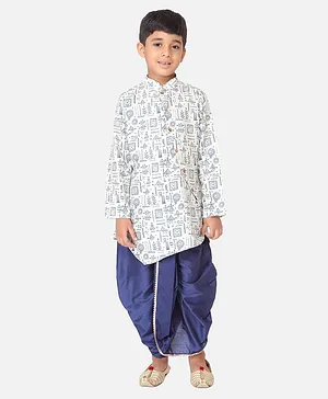 Tabard Full Sleeves Folk Art Printed Kurta & Solid Dhoti Set - Blue & White