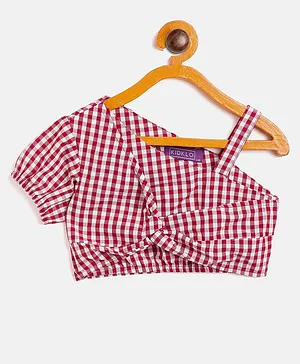 KIDKLO Checked Puff Short Sleeves One Shoulder Front Twist Crop Top - Red