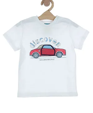 Lil Lollipop Half Sleeves Car Print T Shirt With Patch - White