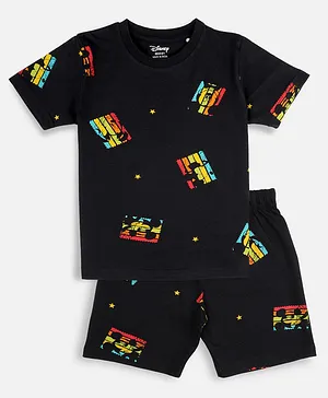 Nap Chief Half Sleeves Disney Mickey & Stars Printed Coordinated Tee & Shorts Set - Black