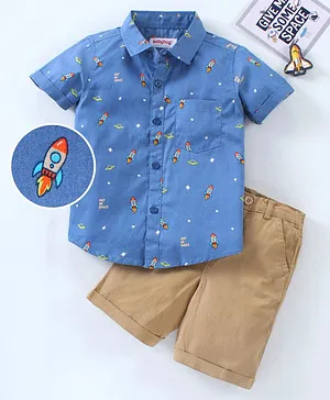 Babyhug Half Sleeves Shirt and Shorts Set Rocket Print - Navy Khaki