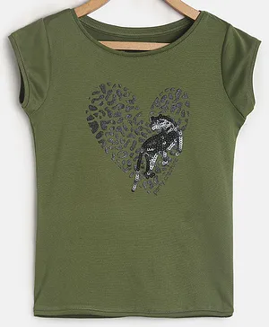 Tales & Stories Heart Print Dinosaur Embellished Short Sleeves T Shirt - Olive Green