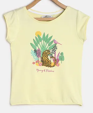 Tales & Stories Young And Fabulous Embroidered Cheetah Print Short Sleeves T Shirt - Light Yellow