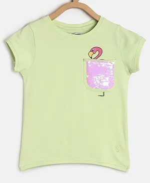 Tales & Stories Flamingo Print & Embellished Short Sleeves T Shirt - Light Green