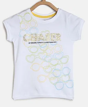 Tales & Stories Chaser Embellished Sunglasses Print Short Sleeves Tee - White