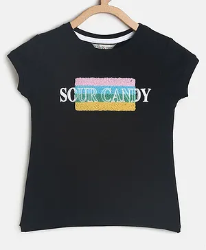 Tales & Stories Sour Candy Print & Embellished Short Sleeves Tee - Black