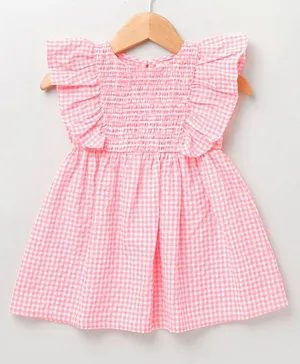 Sweetlime by A.S Flutter Sleeves Checks Print Smocked Detail Dress - Pink.