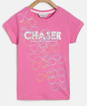 Tales & Stories Chaser Embellished & Sunglasses Print Short Sleeves Tee - Pink