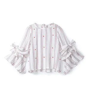 Soul Fairy Three Fourth Sleeves Embellished And Stripe Print Top - Off White