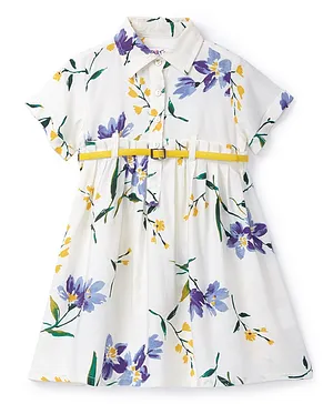Soul Fairy Half Sleeves Floral Print Dress With Belt - Off White