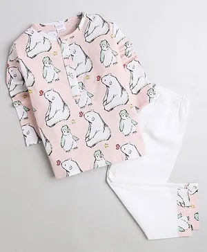 Polka Tots Full Sleeves Bear Print Kurta With Pyjama - Pink
