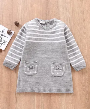 Babyhug Full Sleeves Striped Woollen Dress - Grey