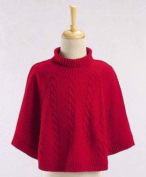 Babyhug Solid Woollen Poncho Cable Knit Design - Red