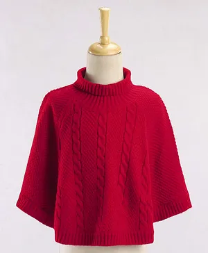 Babyhug Solid Woollen Poncho Cable Knit Design - Red