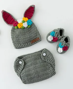 The Original Knit Floral Embellished Cap With Bloomers & Booties - Grey
