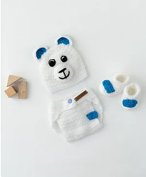 The Original Knit Handmade Teddy Cap With Booties & Bloomers - White