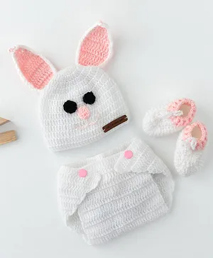 The Original Knit Handmade Bunny Design Cap With Bloomer & Booties - White & Baby Pink