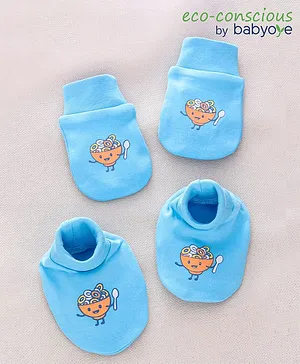 Babyoye 100% Cotton Mittens & Booties Set Printed - Blue