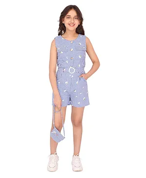 Cutecumber Sleeveless Checked Mid Thigh Jumpsuit With Sling Bag - Blue
