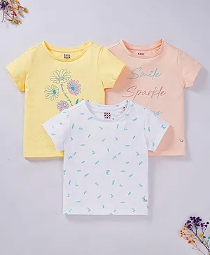 Ed-a-Mamma Half Sleeves Pack of 3 Printed Floral And Text Printed Tees - White Yellow & Peach