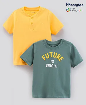 Honeyhap Half Sleeves T-Shirts Text Print Pack of 2 - Yellow Green