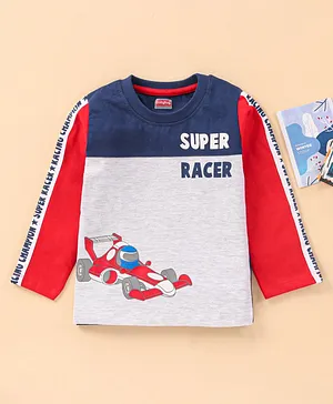 Babyhug Full Sleeves T-Shirt Racer Car & Text Print - White Melange Red