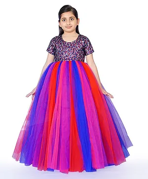 Indian Tutu Half Sleeves Sequin Embellished Bodice Tulle Party Gown - Multi Color